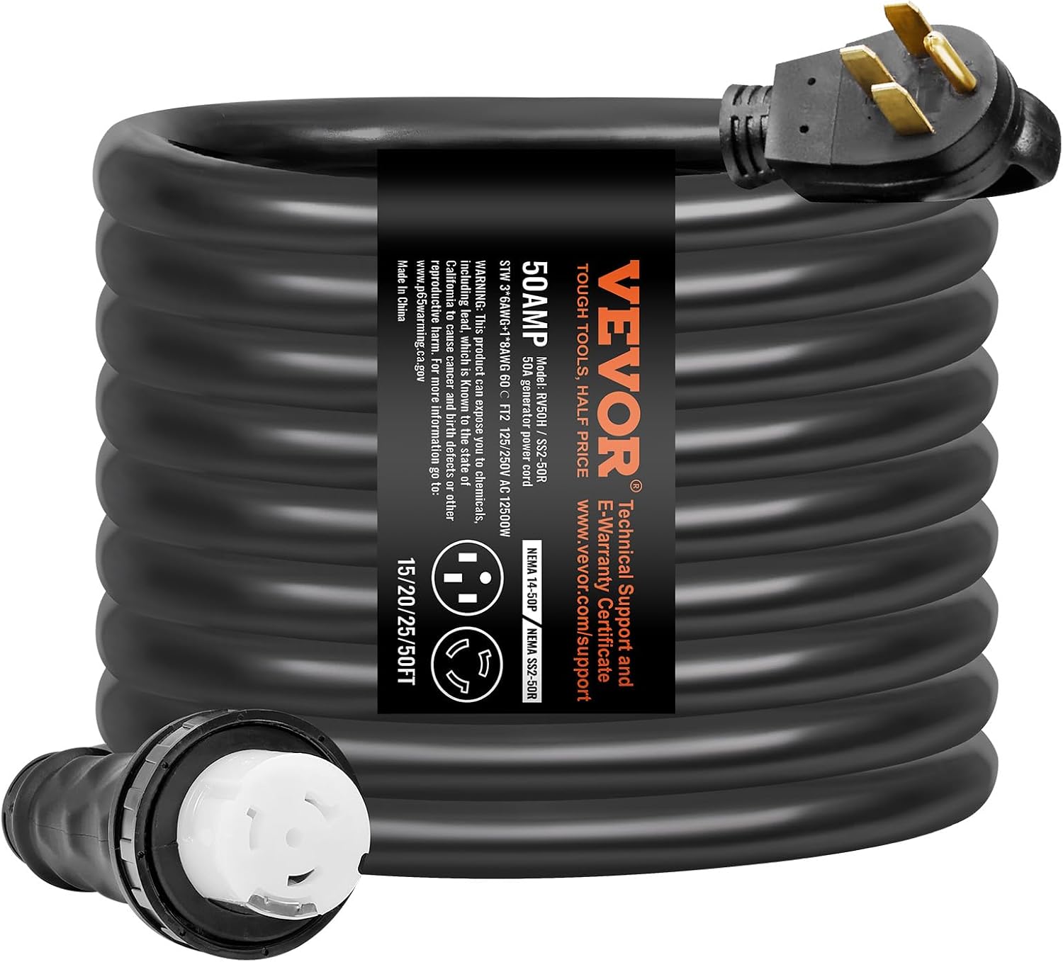 VEVOR 50 Amp Generator Cord and Power Inlet Box Kit, 50FT Generator Extension Cord NEMA 14-50P/SS2-50R STW 6/3+8/1 AWG with Twist Lock Connector, Pre-Drilled Inlet Box, ETL Listed
