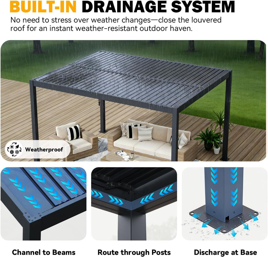 MELLCOM Pergola Louvered 10x12, Metal Hardtop Pergola with Adjustable Roof for Sun & Rain Shade, Outdoor Gazebo with Integrated Drainage System, Modern Rustproof Patio Canopy Carport