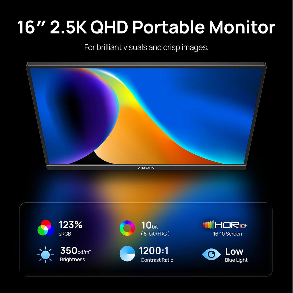 ARZOPA 16' 2.5K Portable Monitor, 2560x1600 QHD IPS Display 123% sRGB with Built-in Stand USB-C HDMI Eye Care External Second Screen for Mac Laptop Phone PS4/5 Xbox Switch -Z1RC