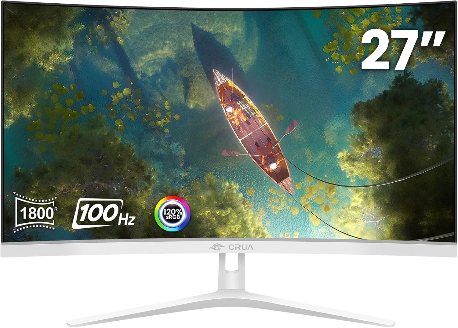 CRUA 27' Curved White Monitor, Full HD(1920x1080P) VA Panel 1800R 100HZ 120% sRGB Professional Computer Monitors, 3Sides Frameless, Flicker-Less,Blue Light Filter, for Office & Gaming (VGA, HDMI)