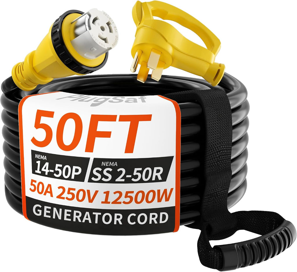 PlugSaf 50 Amp Generator Cord, 50FT 50 Amp RV Extension Cord with Twist Lock, Generator Cable 50A 4 Prong Yellow, NEMA 14-50P/SS2-50R Heavy Duty STW Wire for RV Camper & House