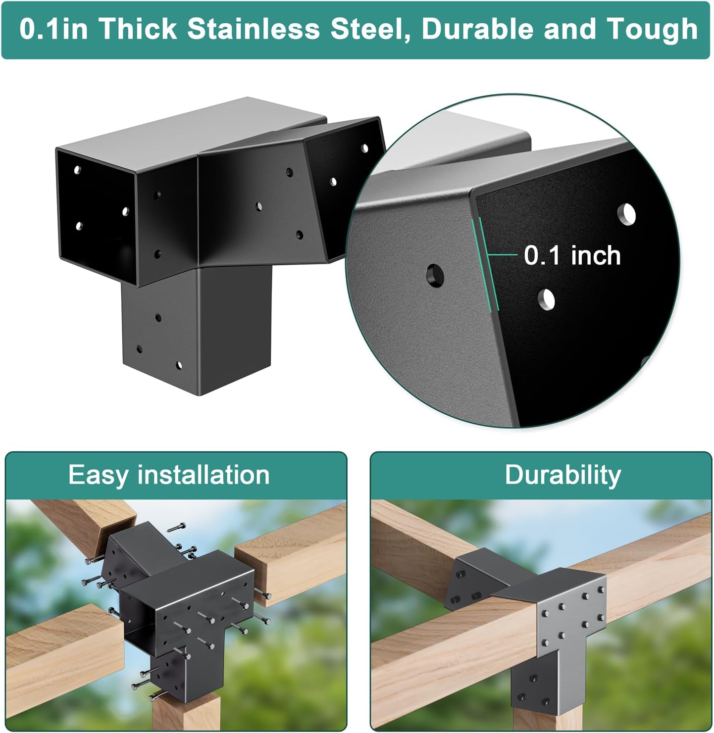 15° Wall Pergola Kits - Stainless Steel 15 Degrees Wall Mounts for 4x4 Posts(Actual 3.5' X 3.5'), Angled Pergola Construction Bracket Kit(a 4-Way,1 wall-Bracket,1 Post-Base)