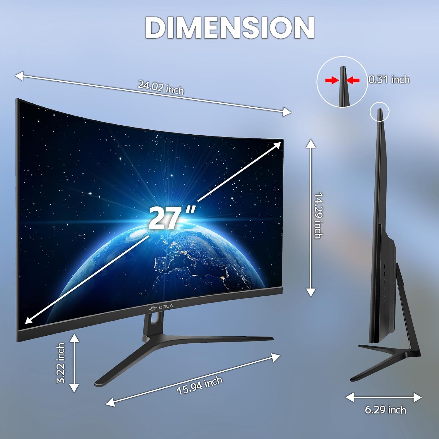 CRUA 27' Curved Monitor, FHD(1920x1080P) VA Panel, 100HZ, 120% sRGB Professional Computer Monitor, Narrow Bezels on Three Sides, Blue Light Filter, Office and Dormitory(HDMI, VGA)-Black