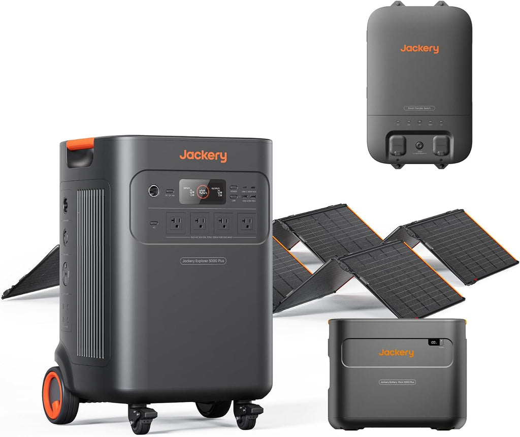 Jackery Solar Generator 5000 Plus, 10kWh LiFePO4 Portable Power Station with Extra Battery, 2x 500X and Smart Transfer Switch, 10-Year Lifespan, 7200W AC Output, Whole Home Backup for Emergency