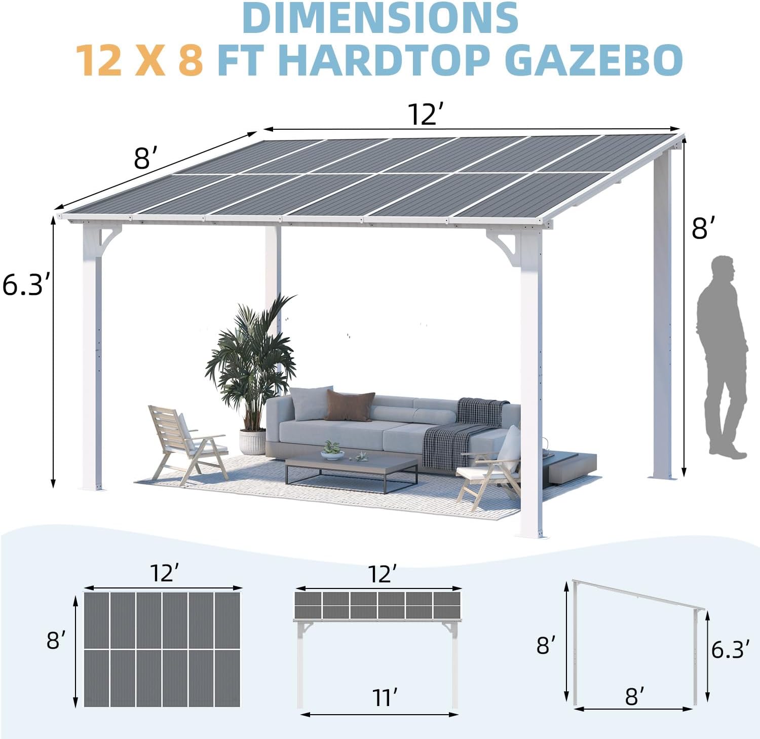 AECOJOY 12' x 8' Outdoor Gazebo Pergola for Patio, Large White Hardtop Lean to 8x12 Gazebo Shelter Pergolas and Gazebos Clearance with Patio Roof, Wall-Mounted Heavy Duty Awnings for Backyard