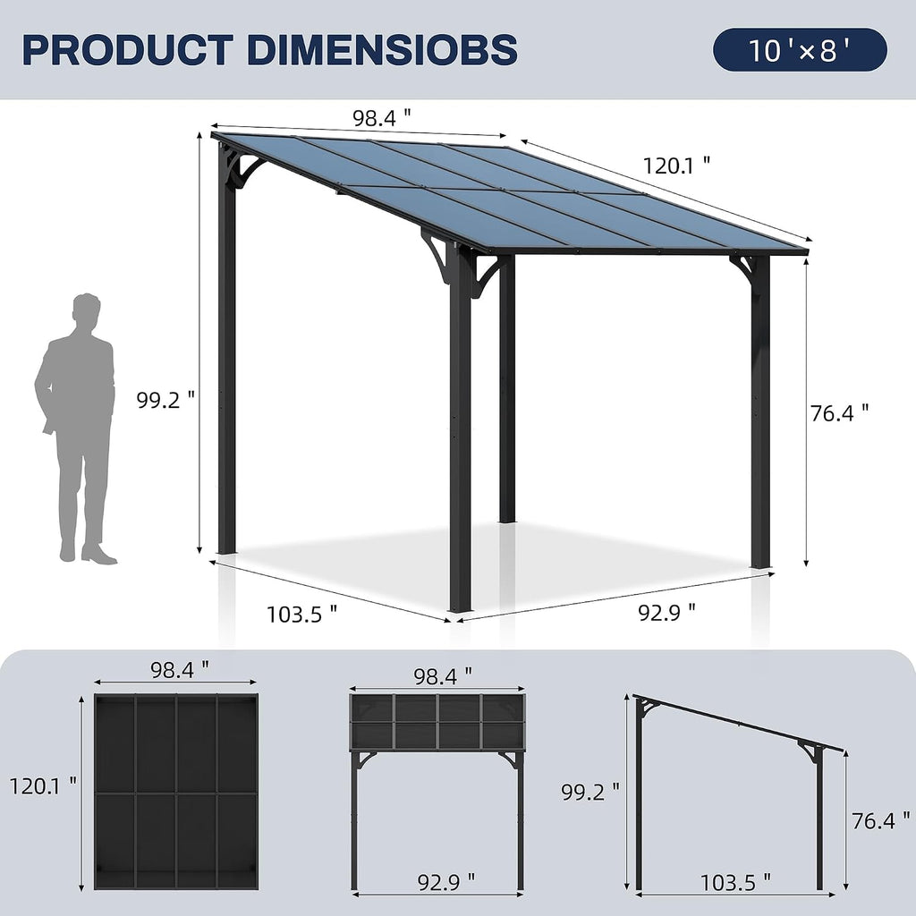 JY QAQA 8x10FT Outdoor Pergola, Gazebo Pergola with Sloped Roof, Large Wall Mounted Heavy Duty Awning for Patio, Deck, Backyard Outdoor pergola