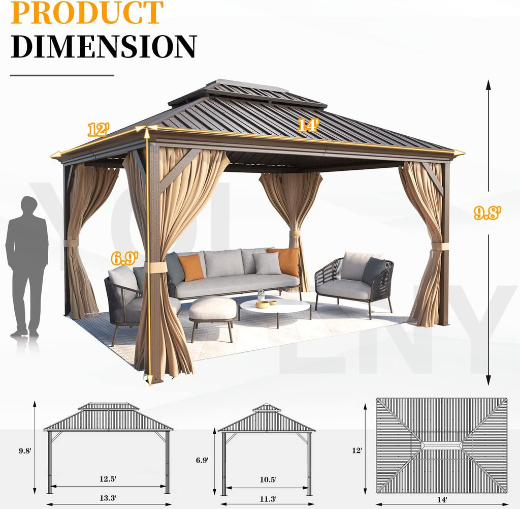 YOLENY 12'x14' Hardtop Gazebo with Double Galvanized Steel Roof, Pergolas Aluminum Frame, Curtains and Netting Included, Metal Outdoor Gazebos for Patios, Garden, Lawns, Parties