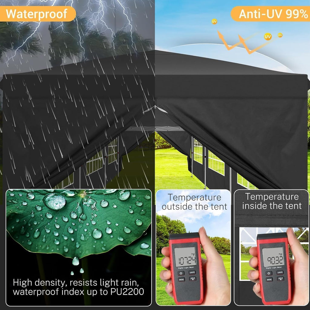 COBIZI 10x30 Pop Up Canopy Tent with 8 Sidewalls Party Tents for Parties Weddings Backyard Waterproof Commercial Instant Outdoor Events Tent with Stakes, Ropes,Sandbags（10 x 30 ft Black