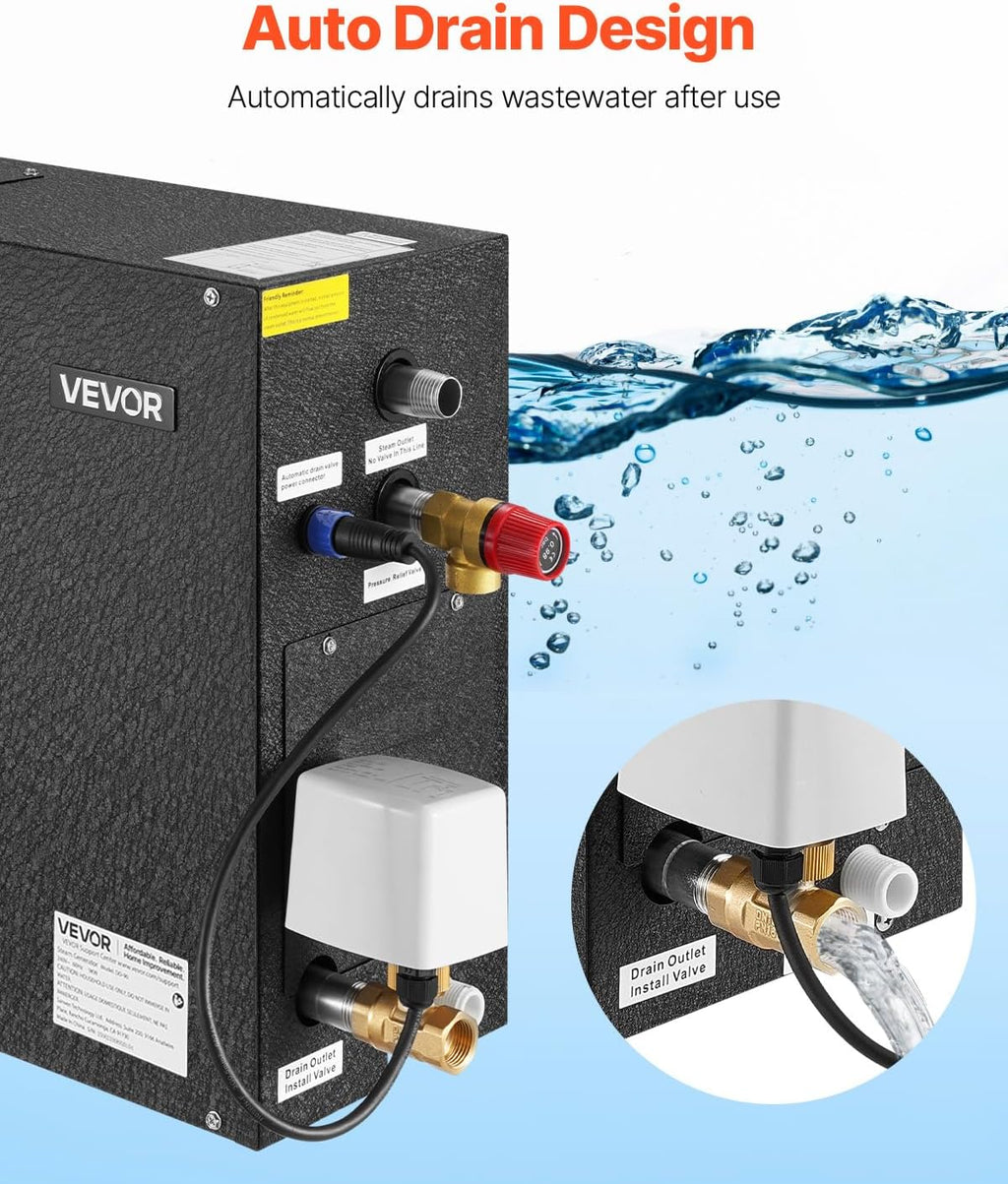 VEVOR Steam Generator, 9 kW Steam Shower System with Controller for Home Sauna & Spa, Commercial Auto Drain Kit with Overheat, Dry-Run & Overpressure Protection, 10min to 24h Timer, Black