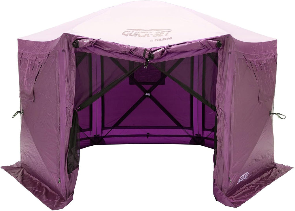 Clam Pavilion 12.5' Pop-Up Screen Tent – Plum Outdoor Camping Gazebo Canopy with Wind Panels, Mesh Netting & Carry Bag – 6-Sided Portable Shelter for 8 People – Fast Setup Patio or Event Tent