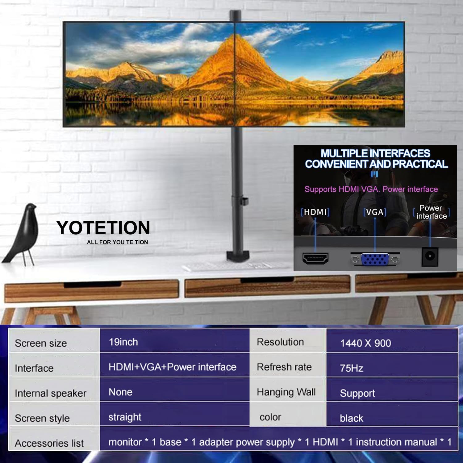 19-inch Full HD 75Hz Small Thin Monitor for laptops, Computers and desktops, HD+ 1440 x 900p, Anti-Glare, LED Display, VGA/HDMI Connection