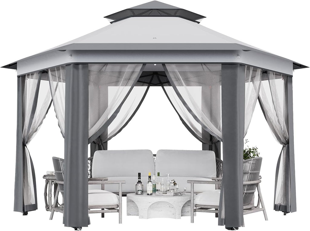 Pop Up Gazebo 13 * 13 Ft 6 Sided - Canopy Tent with Mosquito Net Adjustable Outdoor Gazebo for Backyard, Waterproof Patio Canopy for Parties BBQs