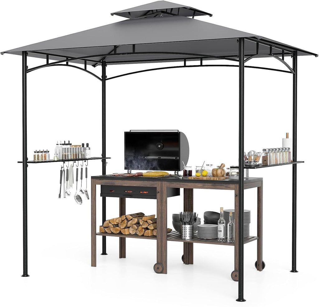 Tangkula 8x5 Ft Grill Gazebo, 2-Tier Barbecue Gazebo with 2 Shelves, 6 Hooks, Metal Frame, Outdoor Grill Canopy for Backyard Garden Poolside (Gray)