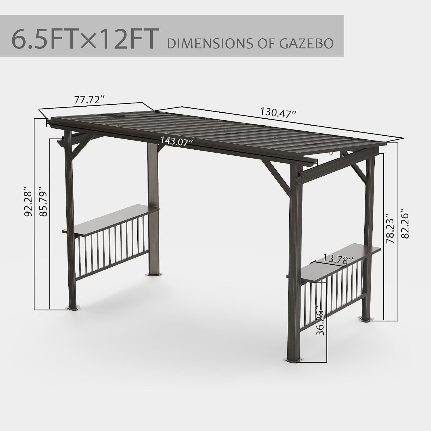 Domi 6.5x12FT Hardtop Grill Gazebo, Outdoor BBQ Gazebo with 2 Side Shelves, Sloping Steel Roof for Permanent Sun Shade with Ceiling Hooks for Patio Deck Yard Garden (Brown)