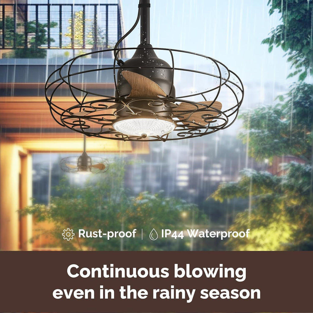 Orison Outdoor Ceiling Fans with Light, 24'' Wet Rated Outdoor Hanging Fan for Gazebo, Plug in Caged Lighting for Pergola Canopy, Hanging with Hook, 3 Color LED Light, Waterproof (24IN)