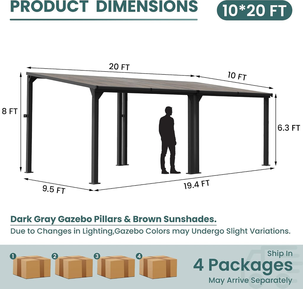 10 * 20FT Pergola,4 * 7 Inch Thickened Pillars & Enlarged Base,Outdoor Hardtop Lean to Gazebo,Wall Mounted Pergola,Pergolas Gazebos Clearance,Aluminum Frame Pergola,UV Resistant Patio Roof