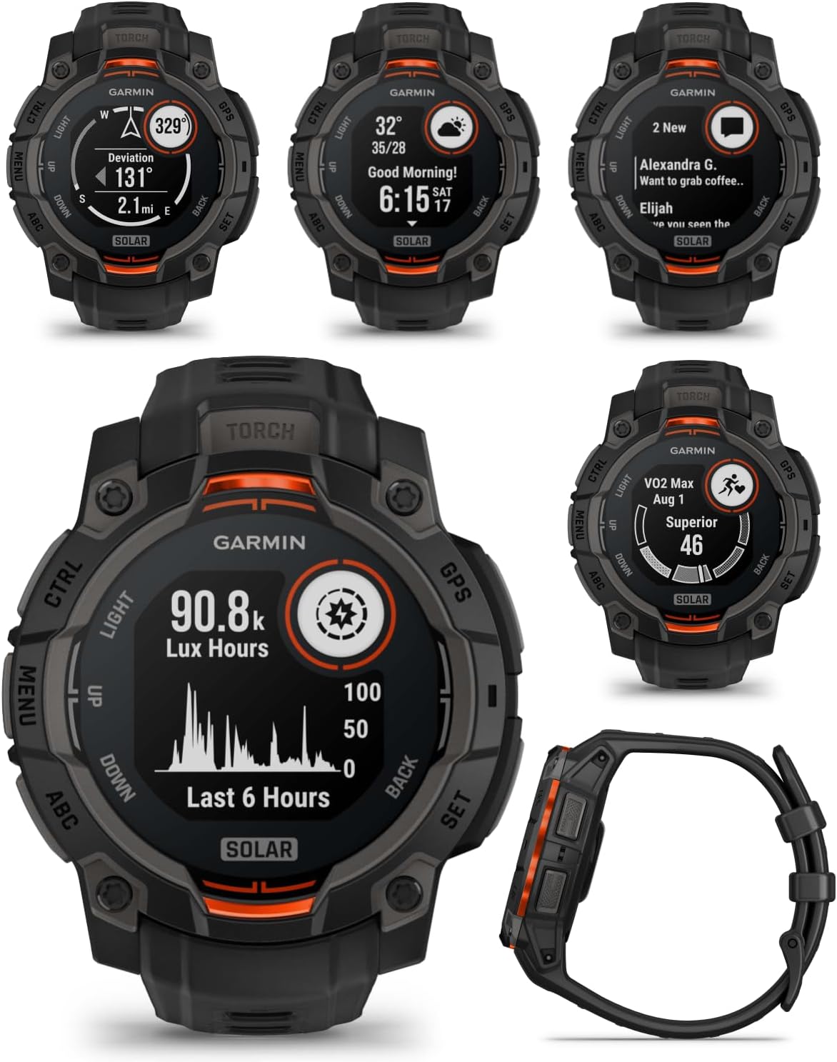 Garmin Instinct 3 Solar 45 mm, Rugged Outdoor GPS Smartwatch, Metal-Reinforced Bezel, Built-in Flashlight, Up to 28 Days of Battery Life, Black with Black Band Bundle