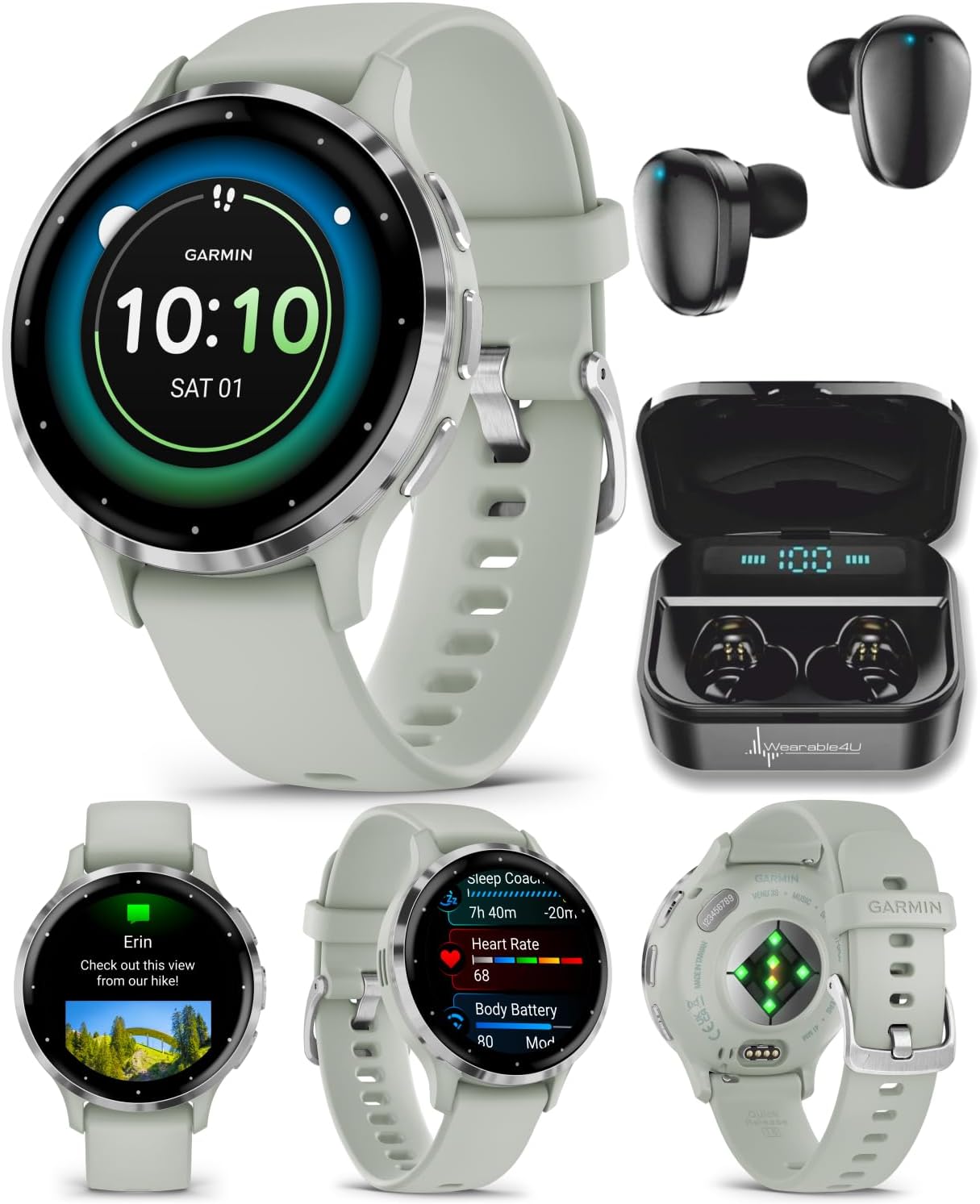 Garmin Venu 3S GPS Smartwatch, AMOLED Display 41 mm Watch, Advanced Health and Fitness Features, Up to 10 Days of Battery, Wheelchair Mode, Sleep Coach, Sage Gray Black Earbuds Bundle