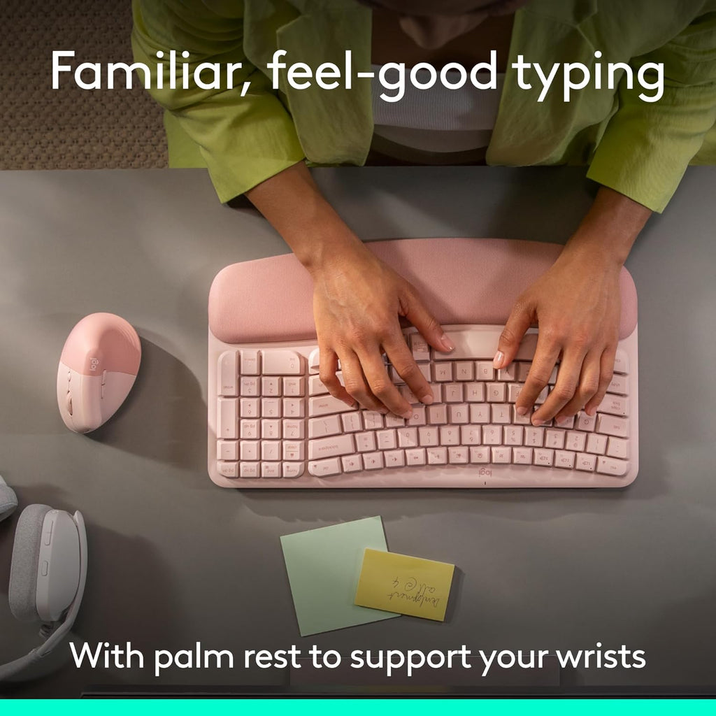Logitech Wave Keys & Lift Vertical Mouse - Ergonomic Wireless Keyboard and Mouse Combo - with Cushioned Palm Rest, Easy-Switch, Bluetooth, for Multi-OS, Windows/Mac - Rose