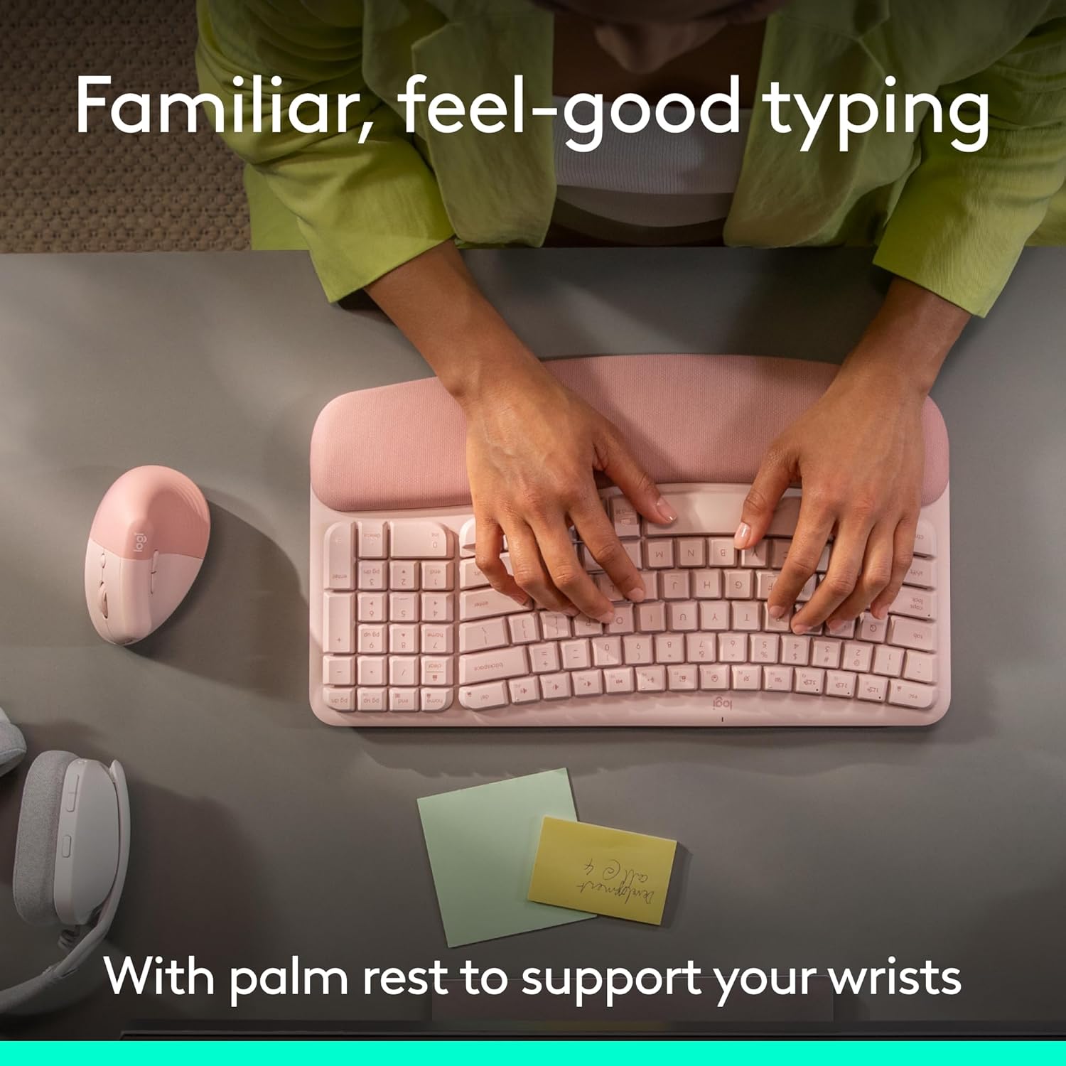 Logitech Wave Keys & Lift Vertical Mouse - Ergonomic Wireless Keyboard and Mouse Combo - with Cushioned Palm Rest, Easy-Switch, Bluetooth, for Multi-OS, Windows/Mac - Rose