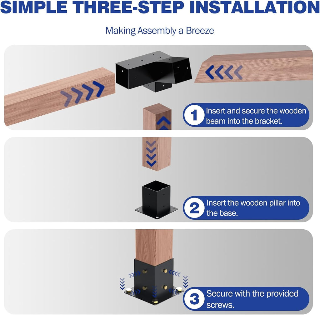Pergola Kit - 3-Way Slanted Brackets, Powder-Coated, 4' x 4' (Actual: 3.5x3.5 Inch), Hardware for Outdoor Wood Pergolas, Gazebos, Sheds (8 pcs)