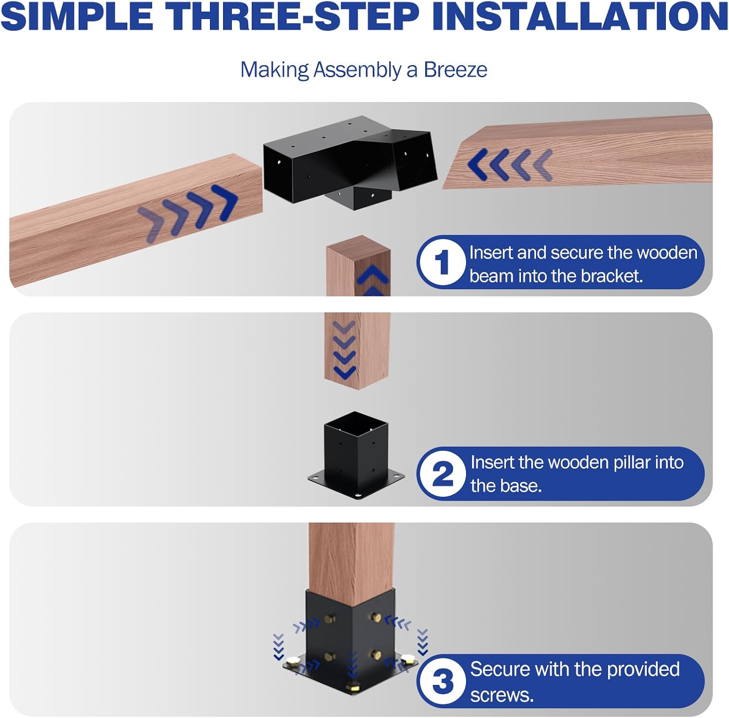 Pergola Kit - 3-Way Slanted Brackets, Powder-Coated, 4' x 4' (Actual: 3.5x3.5 Inch), Hardware for Outdoor Wood Pergolas, Gazebos, Sheds (8 pcs)