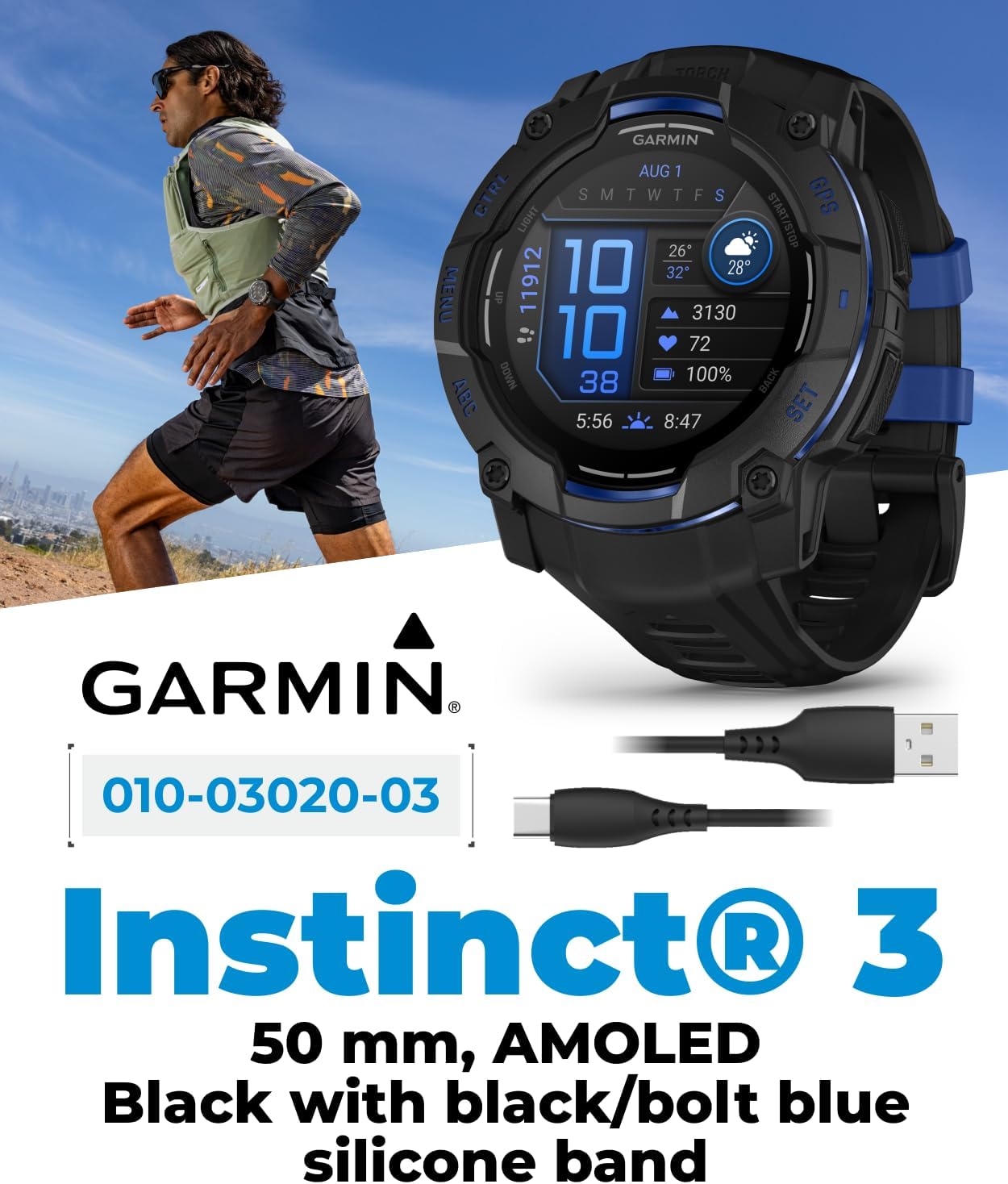 Garmin Instinct 3 Rugged Outdoor GPS Smartwatch - 50 mm AMOLED, Supernova Collection, Limited Edition, Health & Fitness Tracking, Built-in Flashlight, Black/Bolt Blue w/Wearable4U Black EarBuds Bundle