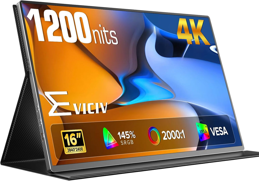Portable Monitor 4K 1200 Nits, 16' Laptop Monitor, 3840*2400 UHD, 1MS FreeSync, 2000:1 Contrast, USB-C & MINI HDMI, VESA & Smart Case, Travel Second Screen for Computer, Mini PC, Game Consoles