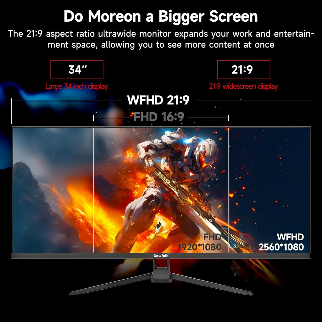 Gawfolk Gaming Monitor 34 inch IPS 120Hz, Ultrawide PC Screen 2560×1080P Ultra-Thin Zero Frame Computer Display for Home Office Business, DP, HDMI, Wall-Mounted, Black