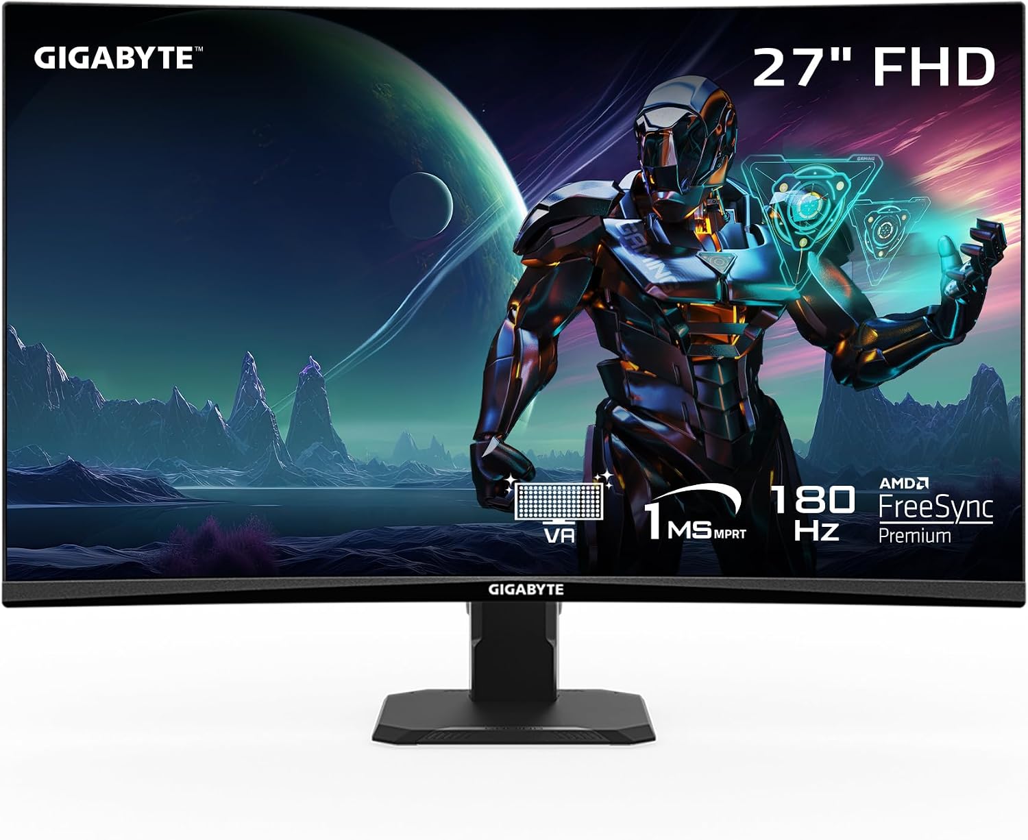 GIGABYTE GS27FC 27' 180Hz 1080P Gaming Monitor, 1920 x 1080 VA 1500R Display, 1ms (MPRT) Response Time, HDR Ready, FreeSync Premium, 1x Display Port 1.4, 2X HDMI 2.0 (GS27FC US)