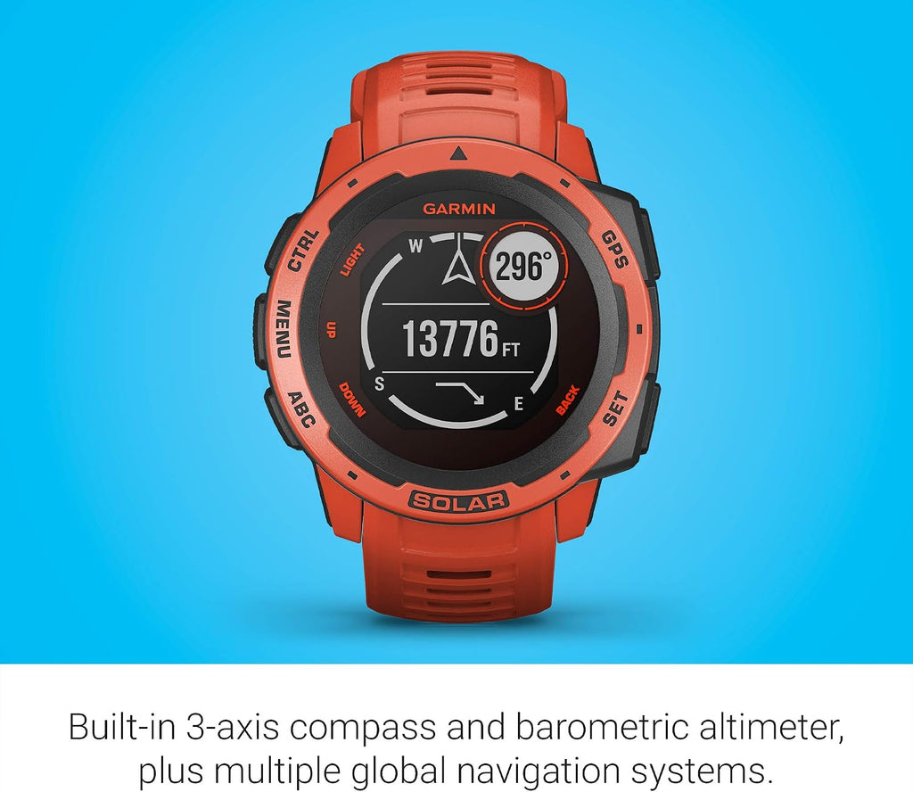 Garmin Instinct Solar, Solar-Powered Rugged Outdoor Smartwatch, Built-in Sports Apps and Health Monitoring, Flame Red