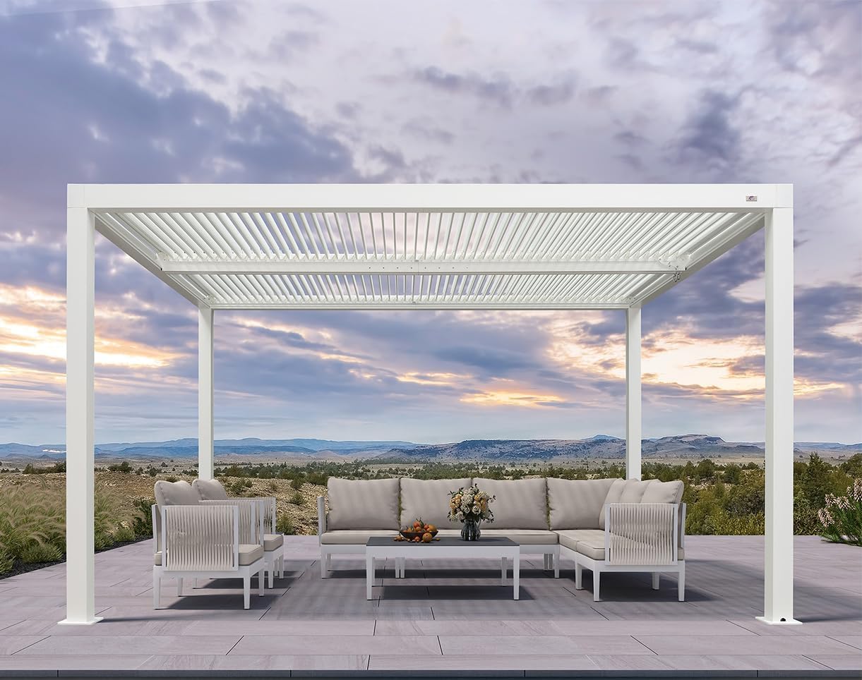 PURPLE LEAF Outdoor Louvered Pergola 10' x 12' White Aluminum Pergola Modern Shade Gazebo with 2 Independently Adjustable Rainproof Hardtop for Patio Garden Yard