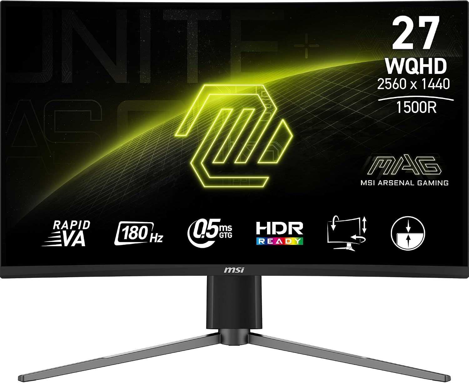 msi MAG 27CQ6PF 27-inch IPS 2560 x 1440 (QHD) Computer Monitor, 180Hz, Adaptive-Sync, HDMI, Display Port, VGA Port, VESA Mountable, Tilt, Height Adjustable, Speaker, 0.5ms, Black