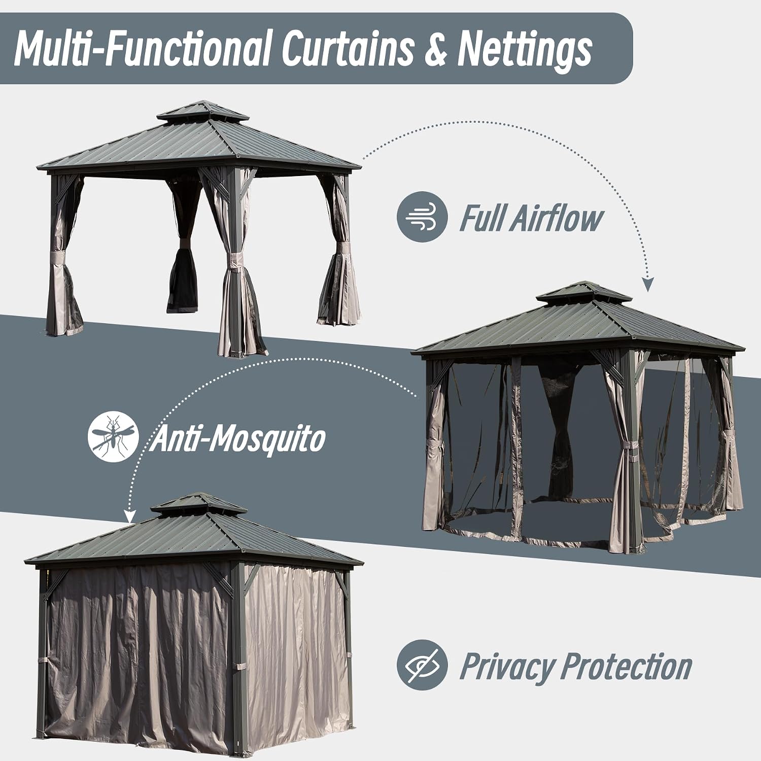 Domi 8' x 8' Hardtop Gazebo Permanent Metal Gazebo with Galvanized Steel Double Roof, Curtains and Netting for Party, Wedding, Outdoor Dining, Patio, Backyard, Gray