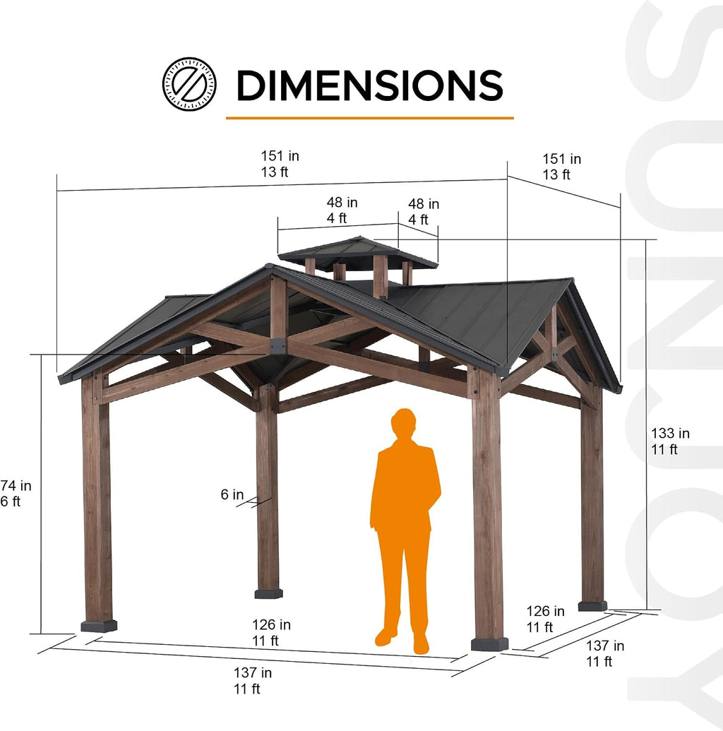 Sunjoy 12.5 x 12.5 ft. Hardtop Gazebo Outdoor Cedar Frame Wood Gazebo with Steel 2-Tier Hardtop Roof and Ceiling Hook, Black by SummerCove