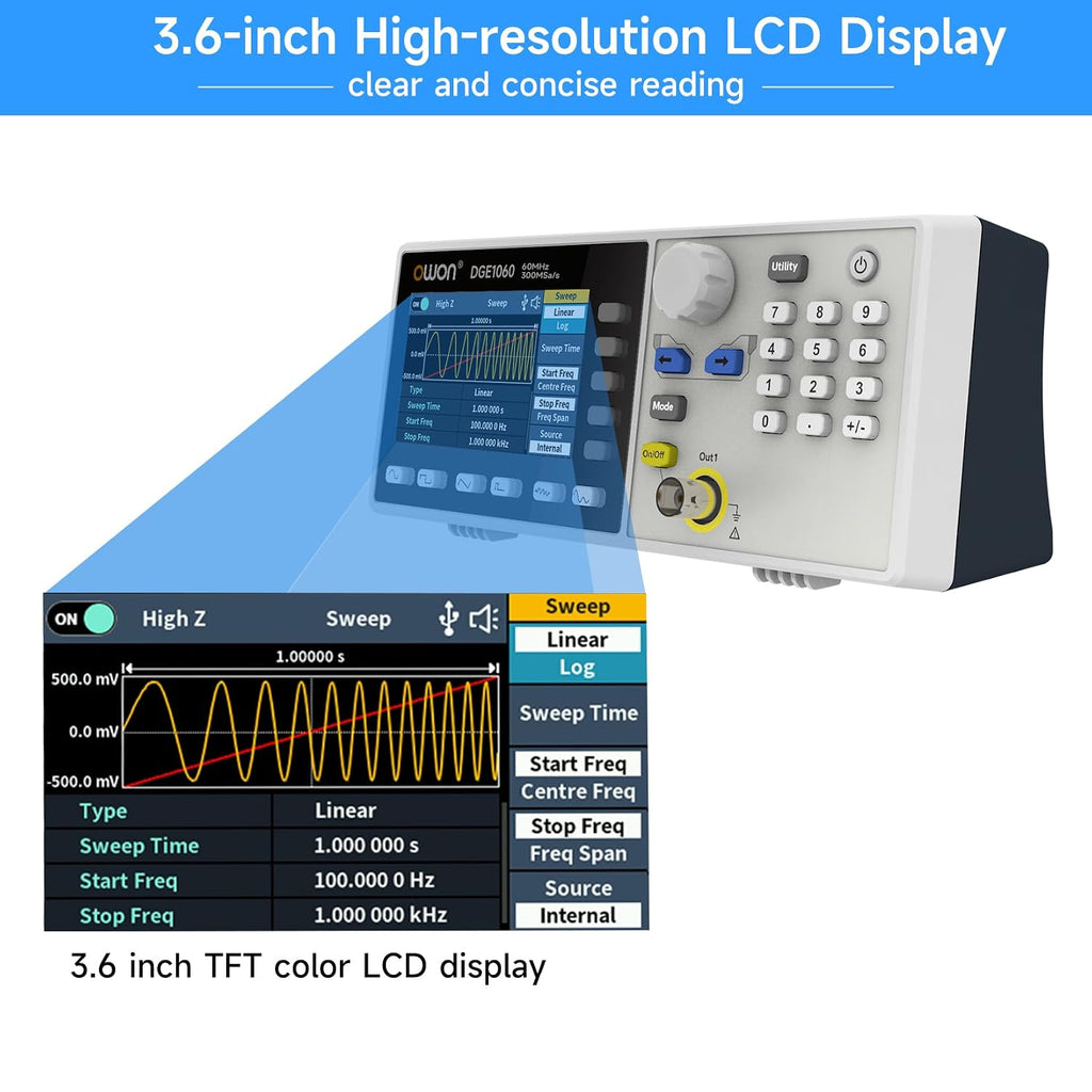 OWON Waveform Generator, 60MHz Bandwidth,300MSa/s Sampling Rate, 14 bits Vertical Resolution, 8K Waveform Length, 5 Basic Waveforms, 160 built-in Arbitrary Waveforms, with 3.6IN LCD Display DGE1060