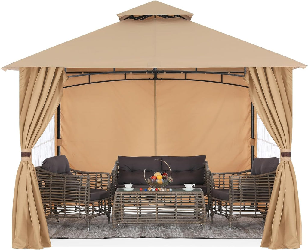 MASTERCANOPY Patio Gazebo Steel Frame Outdoor Gazebo with Windows Curtains (10x12,Beige)