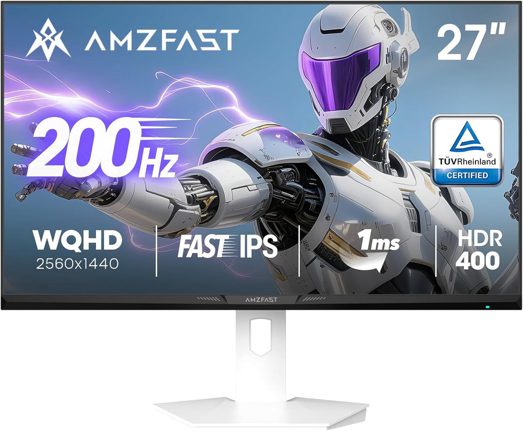 Amzfast 27 Inch 1440P 200Hz/180Hz White Gaming Monitor, MPRT 1ms 2K QHD, Fast IPS | HDR400 & TÜV Rheinland Eye Care & 12 Months Exchange, with HDMI & DP Cable