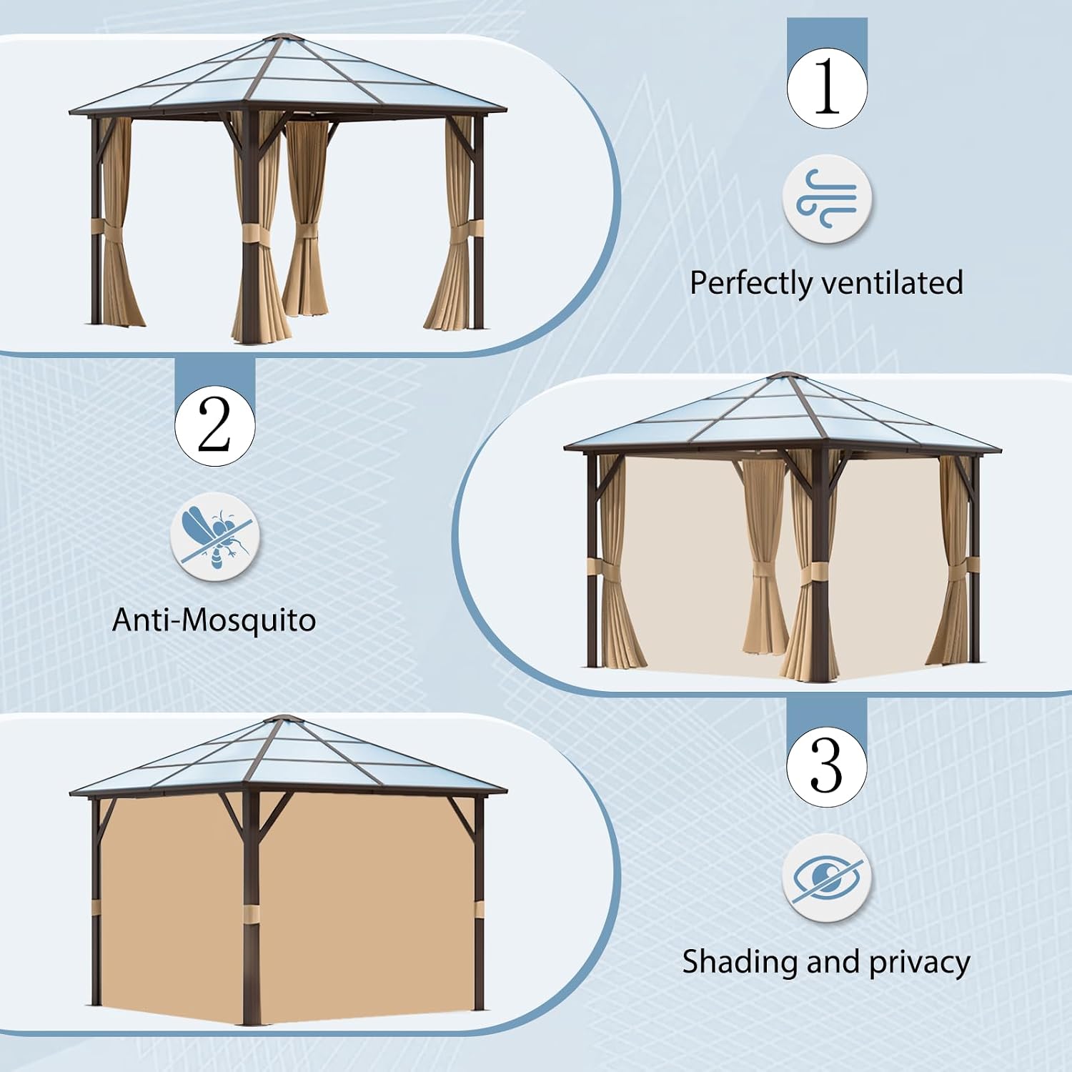 Aoxun 10' x 10' Gazebo Single Polycarbonate Roof, Outdoor Aluminum Frame Everlasting Pergolas with Netting and Curtains, for Backyards, Patios, Parties, Gardens and Lawns