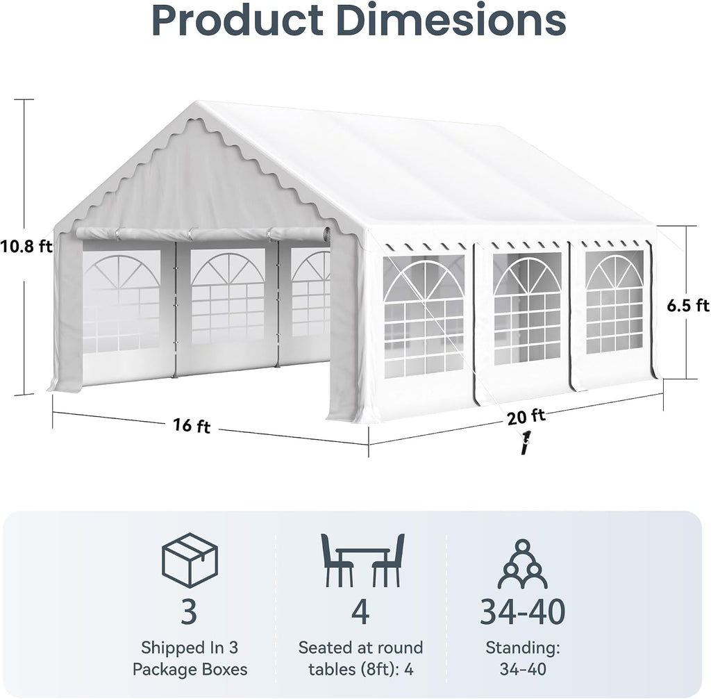 PHI VILLA 16x20 Outdoor Heavy Duty Party Tent, Large Party Canopy Wedding Event Tent with Removable Sidewalls & 3 Storage Bags for Patio Outdoor Garden Events, White