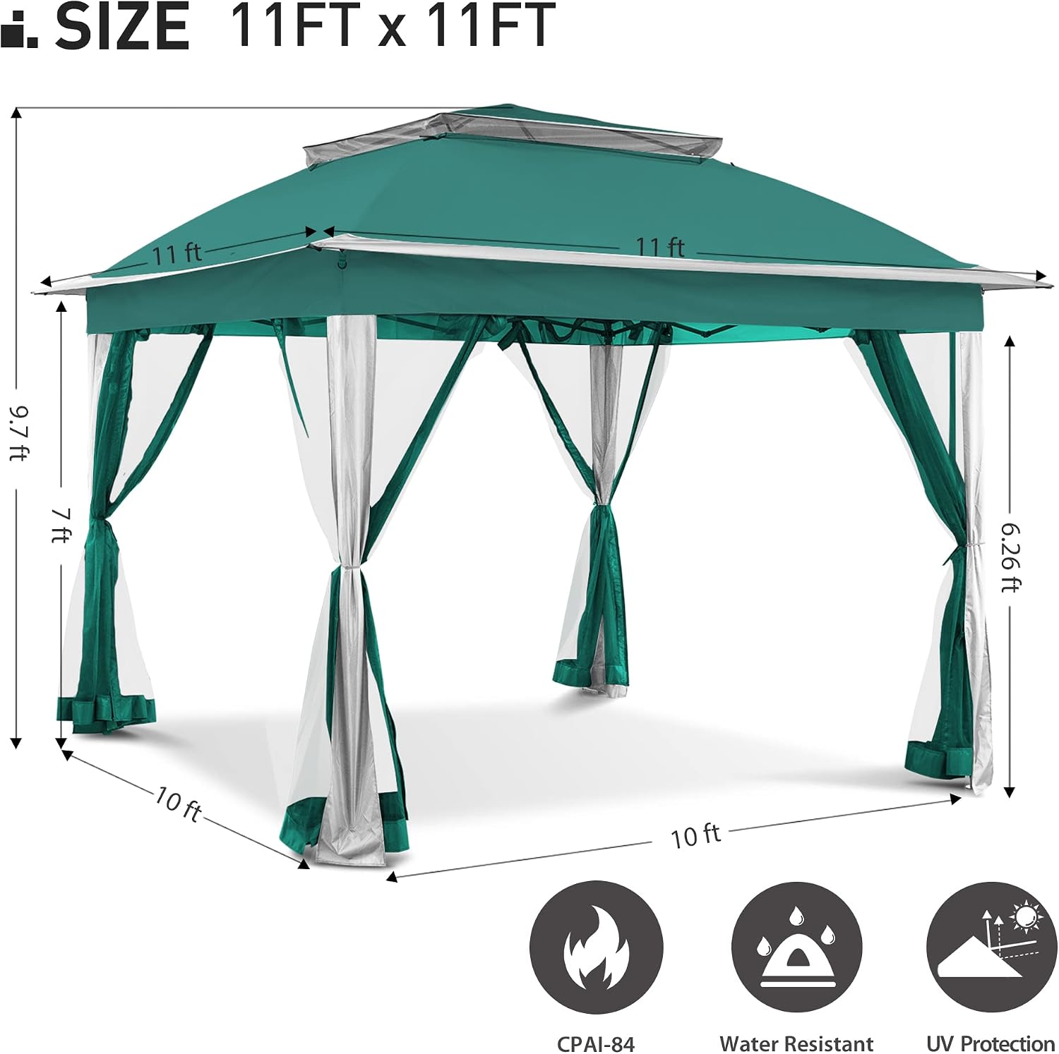 Joyside Pop Up Canopy Tent - 11'x11' Green Gazebo with Mosquito Netting
