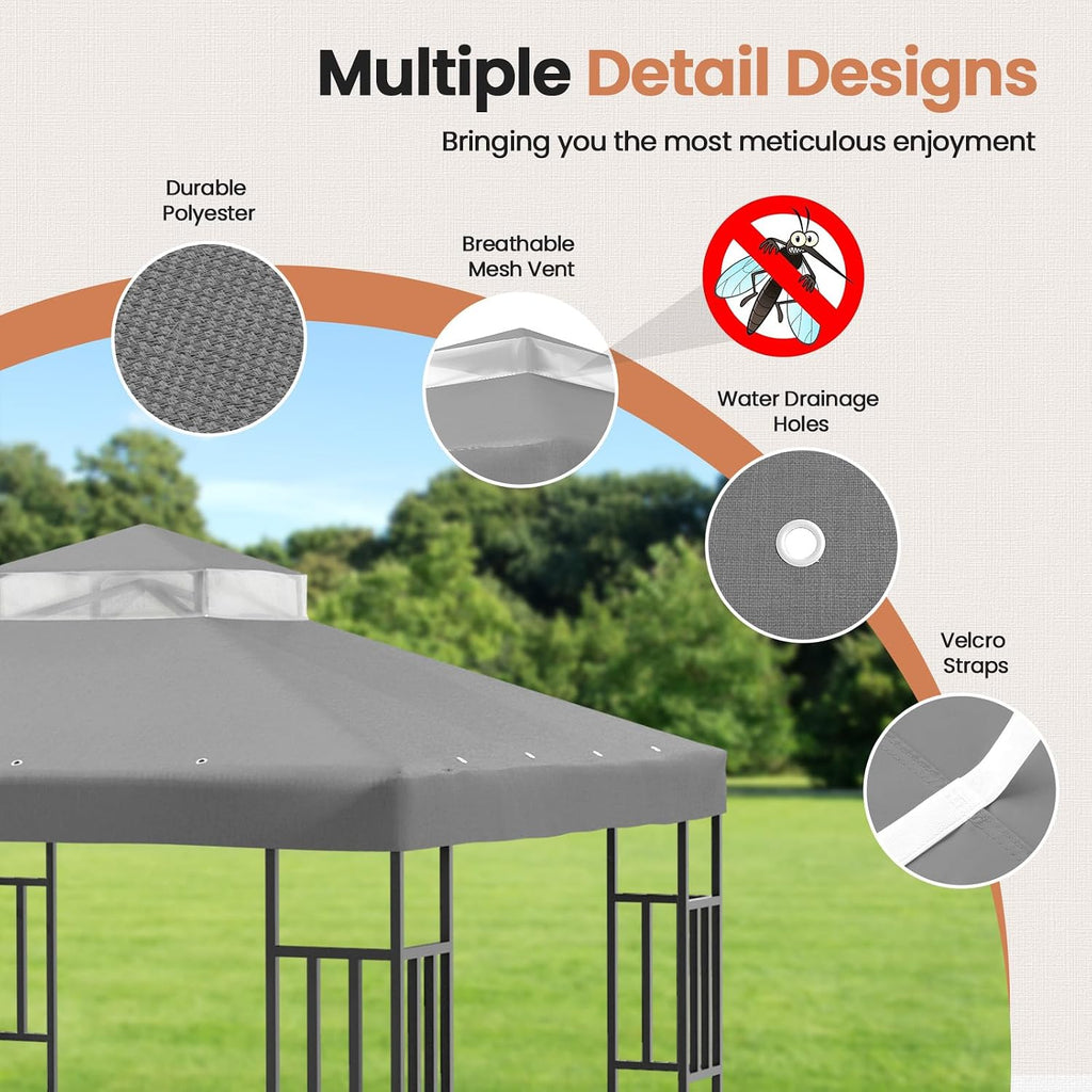10'x10' Replacement Canopy Top Cover for Gazebo, Double-Tiered Cover for Sunshade and Grill Gazebos, Water-Resistant Polyester Canopy for Yard, Patio, Garden (Gray)