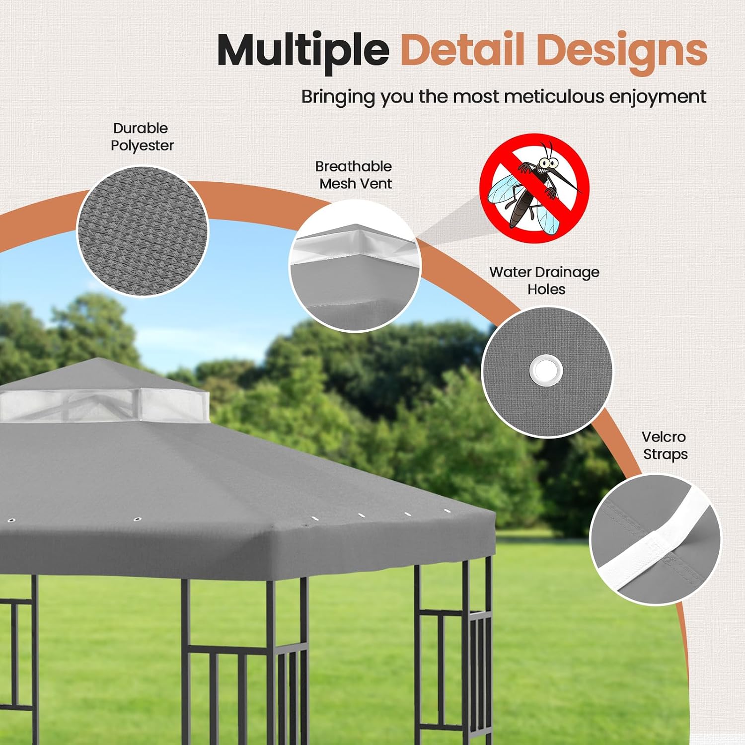 10'x10' Replacement Canopy Top Cover for Gazebo, Double-Tiered Cover for Sunshade and Grill Gazebos, Water-Resistant Polyester Canopy for Yard, Patio, Garden (Gray)