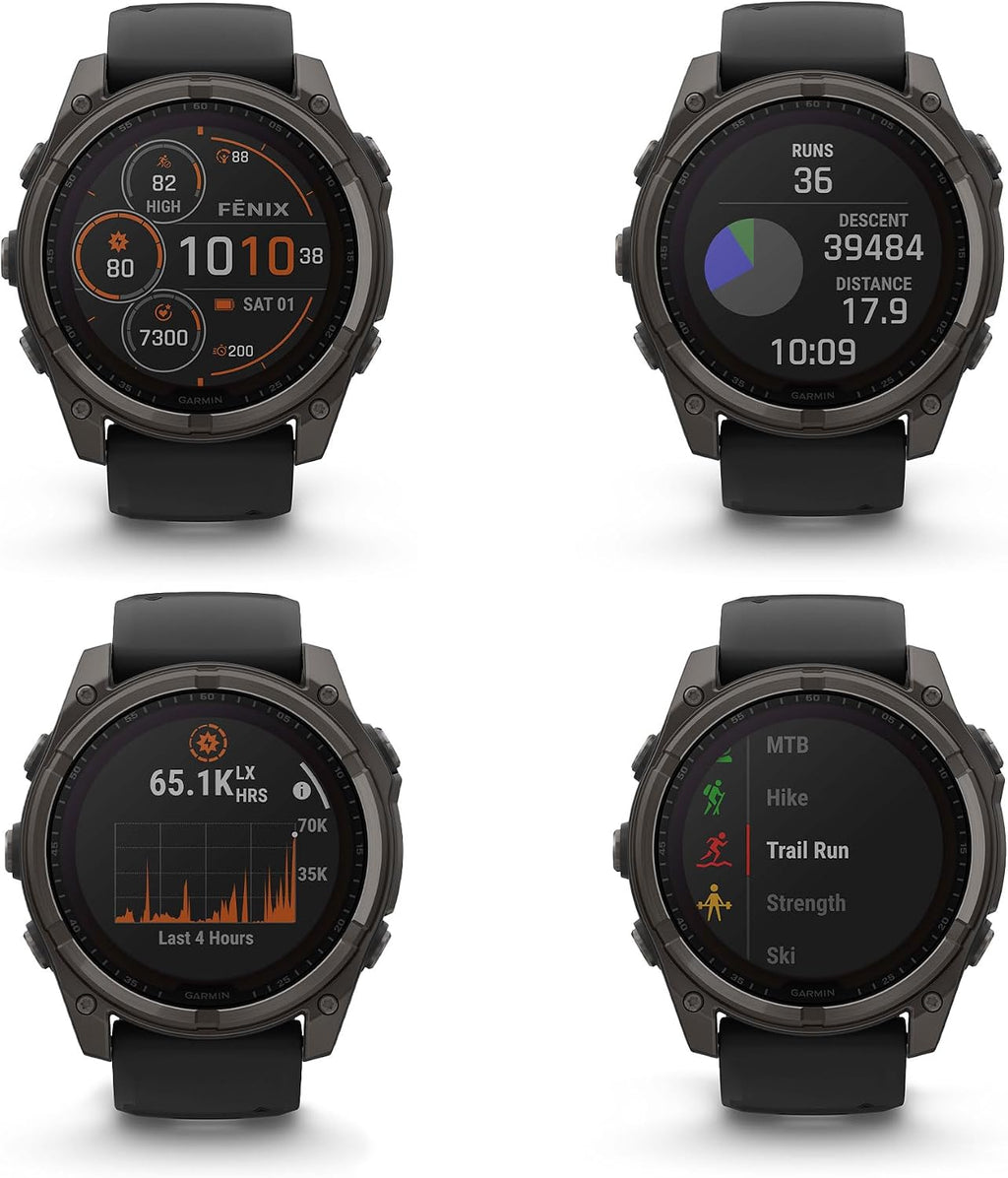Garmin Fenix 8 51MM Solar Sapphire Multisport GPS Smartwatch Carbon Gray DLC Titanium with Black Gray Silicone Band, Built-in LED Flashlight, Fitness & Health Smart Watch Bundle for Men & Women