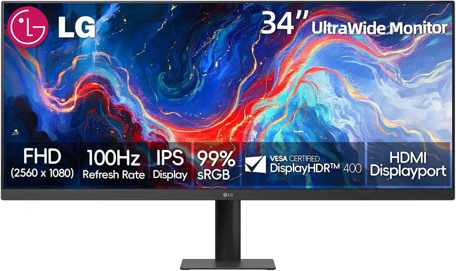 LG 34' UltraWide Monitor, WFHD (2560 x 1080), 100Hz, 5ms, AMD FreeSync, DisplayHDR 400, sRGB 99%, VESA Mount, Reader Mode, Black Stabilizer, HDMI, DisplayPort, Virtually Borderless Design,Tilt Stand