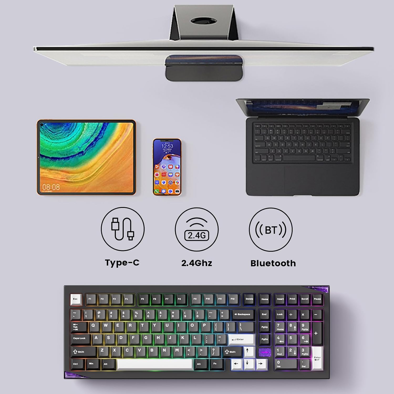 Akko Gem 02 QMK/VIA Aluminum Mechanical Keyboard Tri-Mode RGB Hot-swappable Wireless Gaming Keyboard, Black and Silver, Pre-lubed Stellar Rose Switch