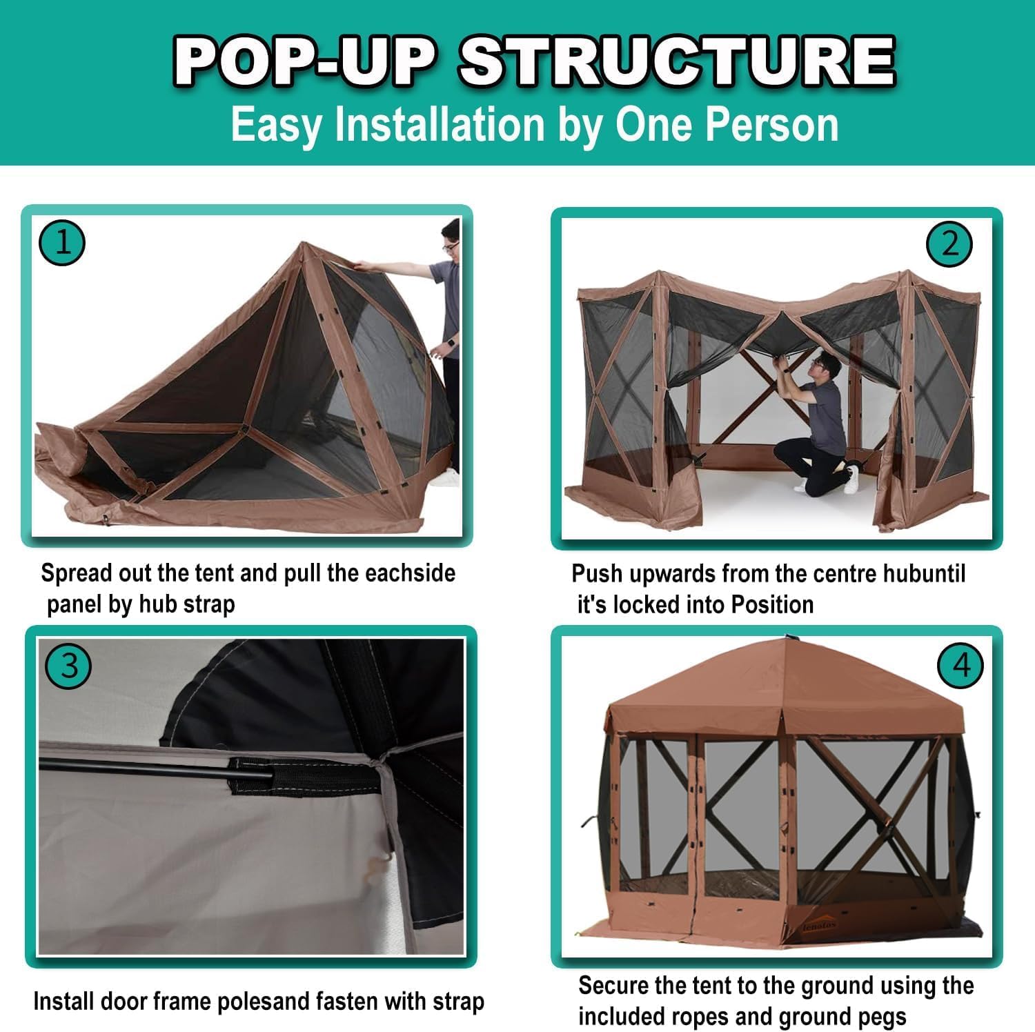 Lenotos 12 x 12 FT Pop Up Screen Tent, Portable Outdoor Camping Gazebo with Ground Stakes and Carry Bag