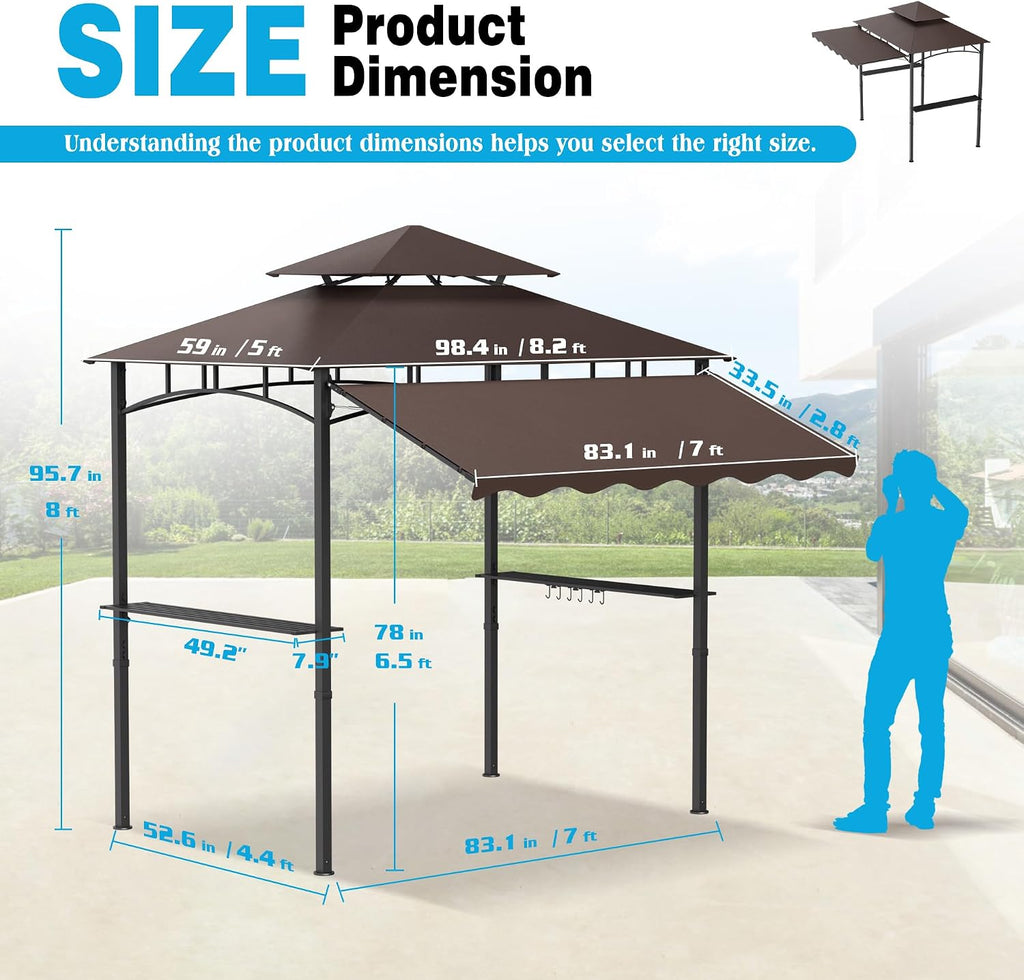 TITIMO 8'x 8' x 7.8' Double Tiered Grill Gazebo with Side Awning,Outdoor Patio BBQ Pergola, Heavy-Duty Metal Frame Canopy Tent with Side Shelves,Hooks,Bottle Opener for Lawn Deck and Garden (Brown)