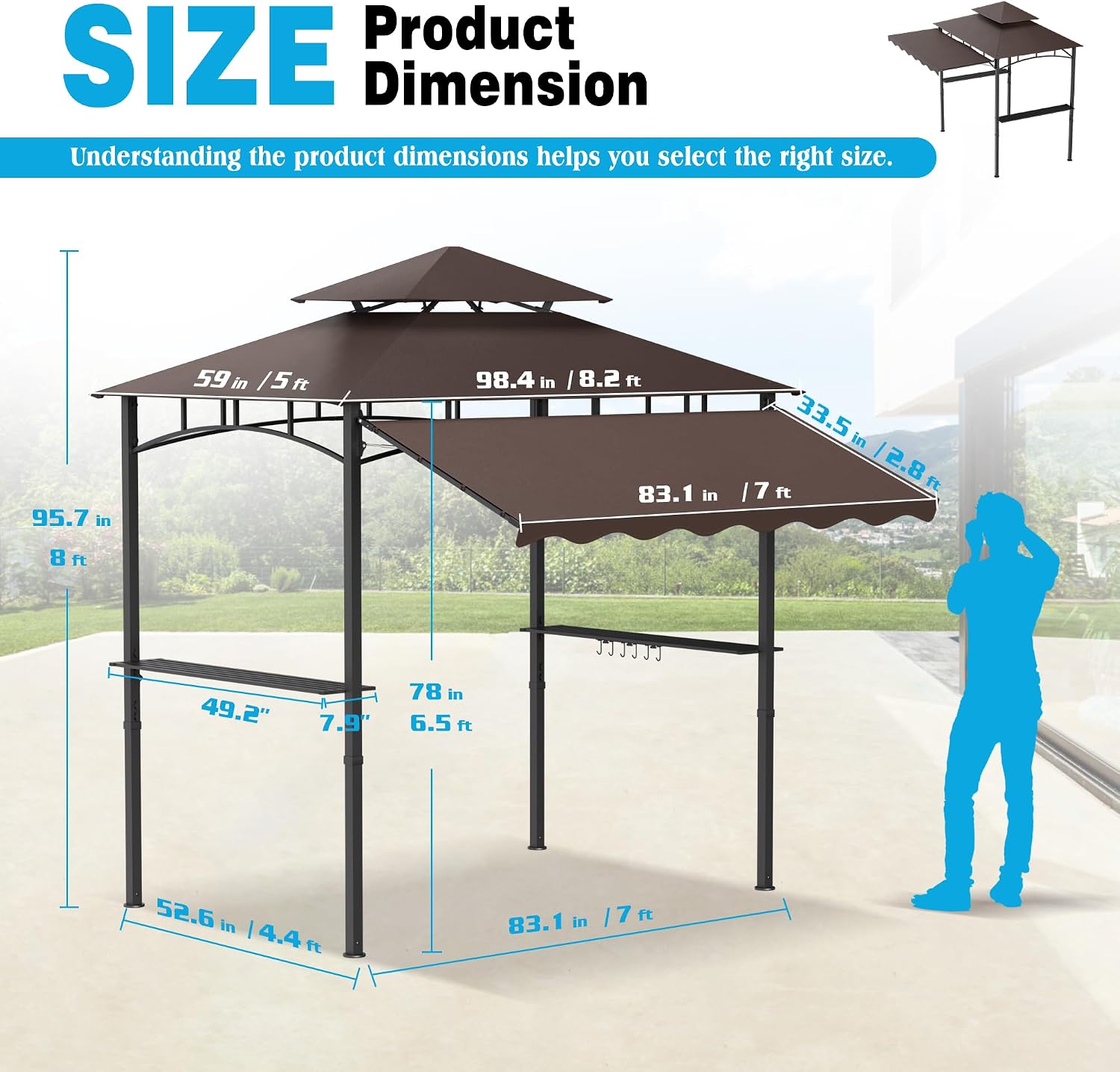TITIMO 8'x 8' x 7.8' Double Tiered Grill Gazebo with Side Awning,Outdoor Patio BBQ Pergola, Heavy-Duty Metal Frame Canopy Tent with Side Shelves,Hooks,Bottle Opener for Lawn Deck and Garden (Brown)