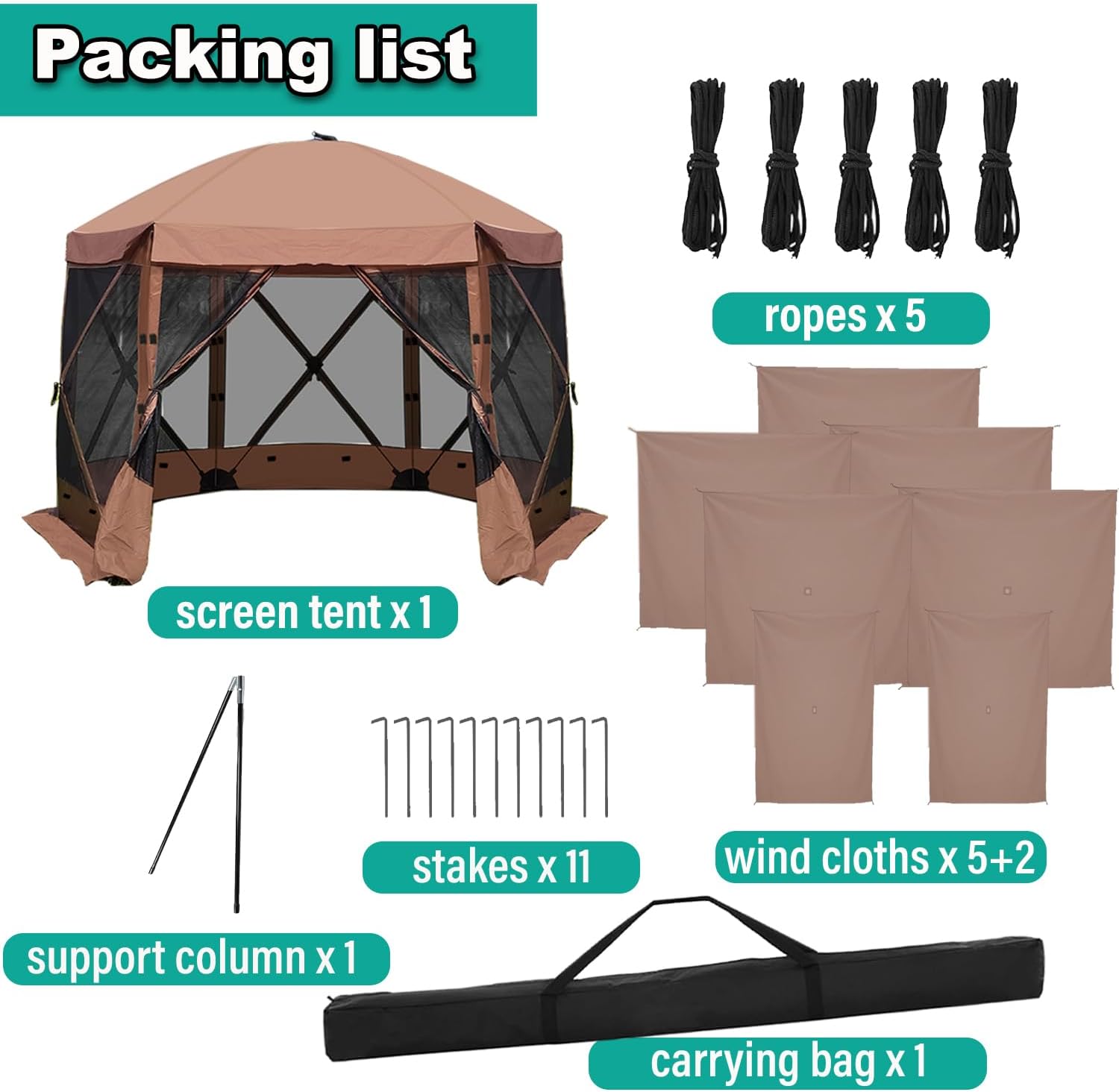 Lenotos 10 x 10 FT Pop Up Screen Tent, Portable Outdoor Camping Gazebo with Ground Stakes and Carry Bag, Brown